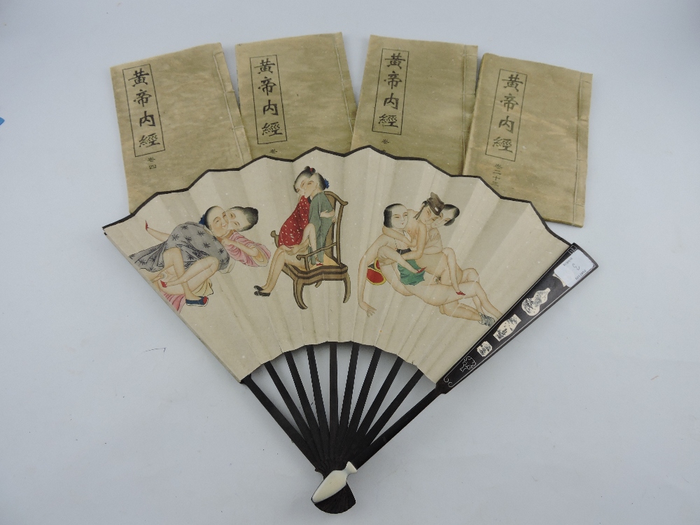 A Chinese fan, decorated with erotic images, together four loose bound medical scripts,