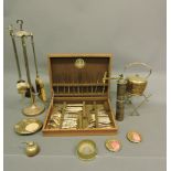 A quantity of brass and metalware including a cutlery service within a teak canteen,