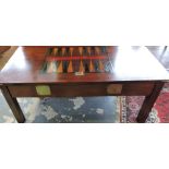 A Victorian style metal mounted stained wood rectangular games table with painted backgammon