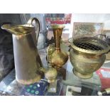 A Benares engraved vase and jardiniere together with a jug and pipe