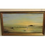 After Victor Elford, Beach Scene at Sunset, oleograph, 38 x 72cm.