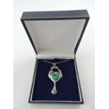 A Art Nouveau style green enamel necklace on a fine chain, stamped 925, 8g.