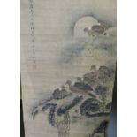 A Chinese scroll, depicting birds among flowers, L. 92cm.