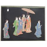 A Japanese monochrome printed fabric panel depicting ladies with a parasol