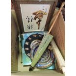 Two boxed Japanese printed silver scarves together with a vacant photograph album, a silk parasol,