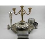 A 19th century style silver plated tray, together with a white metal trumpet vase, a box,