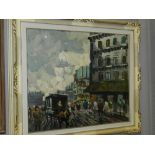 20th century Continental school, a street scene, oil on canvas, signed lower right. H.40cm W.58cm