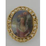 An 18 carat yellow gold mounted brooch, centred with an oval painted portrait miniature of an 18th