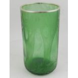 A Continental cylindrical green glass vase, having white metal rim,