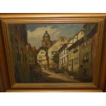 20th century Continental school, townscape study, oil on canvas, signed lower right. H.48cm W.