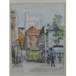 20th century British school, 'Townscape with Figures', watercolour, unsigned H.30cm W.24cm