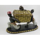 A Turkish resin box and cover, modelled as a basket with monkey to top, carried by two servants. L.