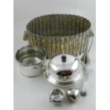 A quantity of silver plated items, including a muffin dish, forks, a wine coaster, a table salt,