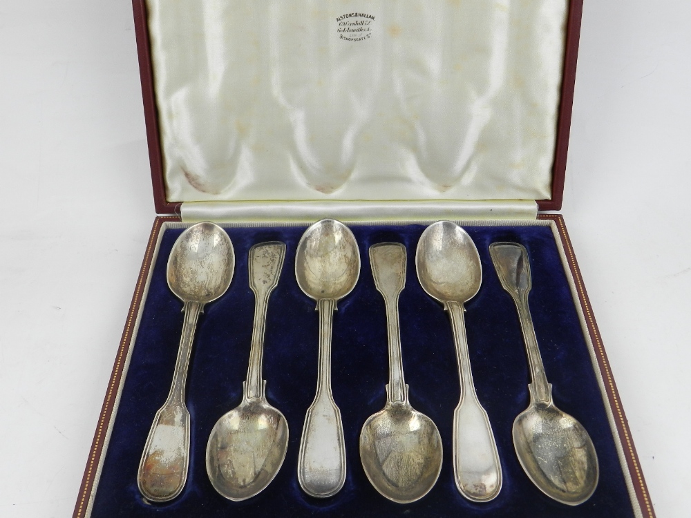 A cased set of six silver spoons, hallmarked London 1935.