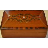 A rectangular brass and mother of pearl inlaid hardwood box