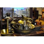 A quantity of assorted Victorian and later metalware including a copper coal scuttle,