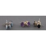 Three pairs of single stone stud earrings, sapphire,