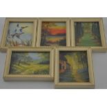 A set of 5 small framed oils of rural scenes.