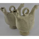 A pair of Spanish/Portuguese wine ewers, modeled in the form of chickens, H. 30cm, (2).