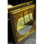 A Victorian style gilt frame wall mirror with oval together with two framed prints