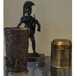 An Elkington style ex plated copper and brass beaker cast with a Medieval hunting scene, stamped HB,