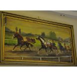 A large oil painting of Harness racing in gilt frame, signed N.