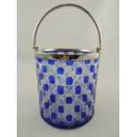 A blue flash-cut ice pail with silver plated mounts and swing handle, H. 13cm.