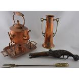 An Art Nouveau copper vase, H: 28cm, together with a Victorian copper spirit kettle,