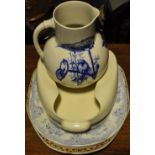 A Victorian blue and white pottery wash jug printed with songbirds together with a Victorian blue