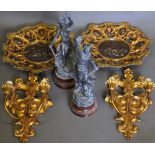 A pair of Italian gilt & bronzed metal wall plaques cast with battle scenes and classical busts