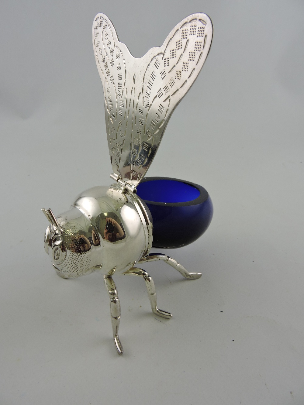 A silver plated honey pot in the form of a bee, with a blue glass body, W. 17cm. - Image 2 of 2