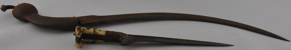 A 19th Century Indian small sword with 46cm curved blade together with an Indian bone handled