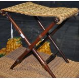 A 19th century turned X-frame folding stool, with a needlework seat,  H.