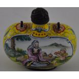 A Chinese yellow ground enamelled snuff bottle, bears a four mark Qianlong stlye mark to the base.