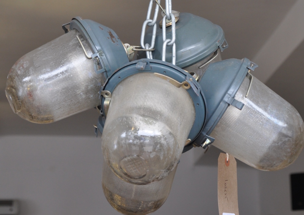 A set of five East European industrial ceiling lights with moulded ribbed shades