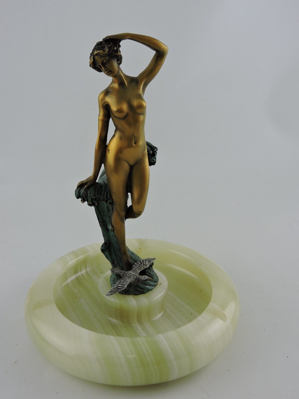 A bronze Art Nouveau style figure, nude standing with a bird at her feet, - Image 2 of 2