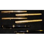 A Montblanc Meisterstuck fountain pen and ballpoint pen, a gold plated Parker 61 fountain pen,