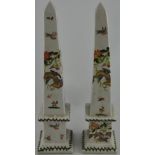 A pair of late 20th century ceramic table obelisks, transfer decorated with birds,