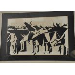 A cubist style framed cut out print decorated with standing cows