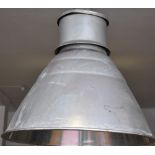 A large industrial style aluminium ceiling light, with conical shade,