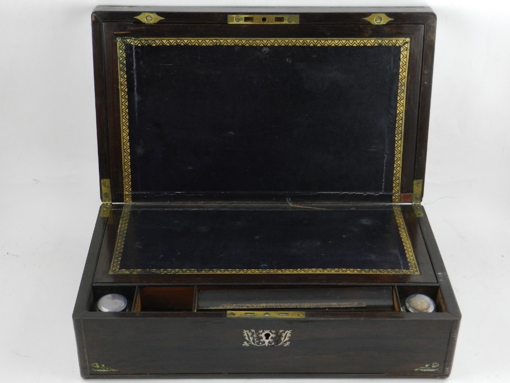 A William IV rosewood, mother-of-pearl and pewter inlaid writing slope, with a fitted interior, W. - Image 2 of 2