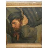Late 19th century Continental school, study of a man carrying a barrel, oil on canvas, signed