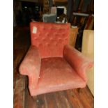 An Edwardian walnut framed library chair, button back upholstered in a Burgundy felt fabric,