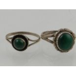 A silver dress ring set with cabuchon malachite, together with one other silver and malachite