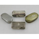 Four white metal pill boxes, one having horn base.