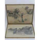 20th Russian School, Hay Making, engraving, 26 x 34cm, together with another similar, (2).