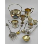 A quantity of silver and white metal, to include napkin rings, cups, tea spoons, various hallmarks