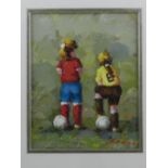 20th century Continental, Two Girls Playing Football, oil on board, signed Rosa lower right, 34 x