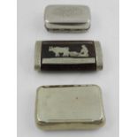 Two white metal pill boxes, together with one horn and white metal pill box.