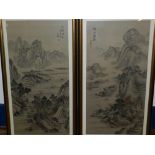 Two early 20th century Chinese school stylised mountainous landscapes with pagodas and figures,